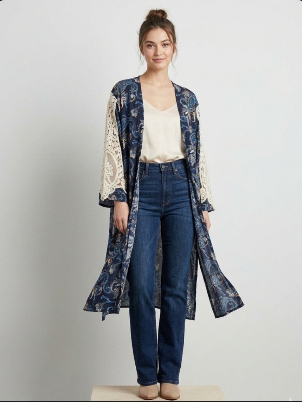 Ember Women's Blue White Paisley Print Embroidered Crochet Lace Kimono Size M